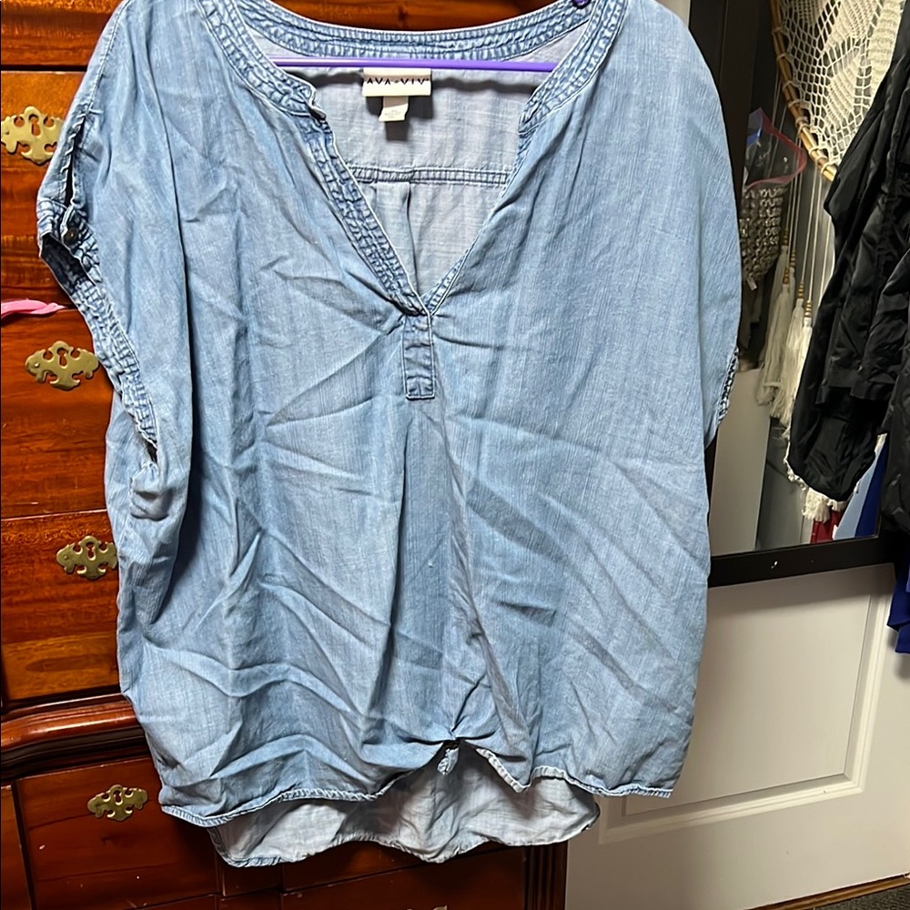 Ava & Viv Blue V-Neck Cap Sleeve Relaxed Blouse
